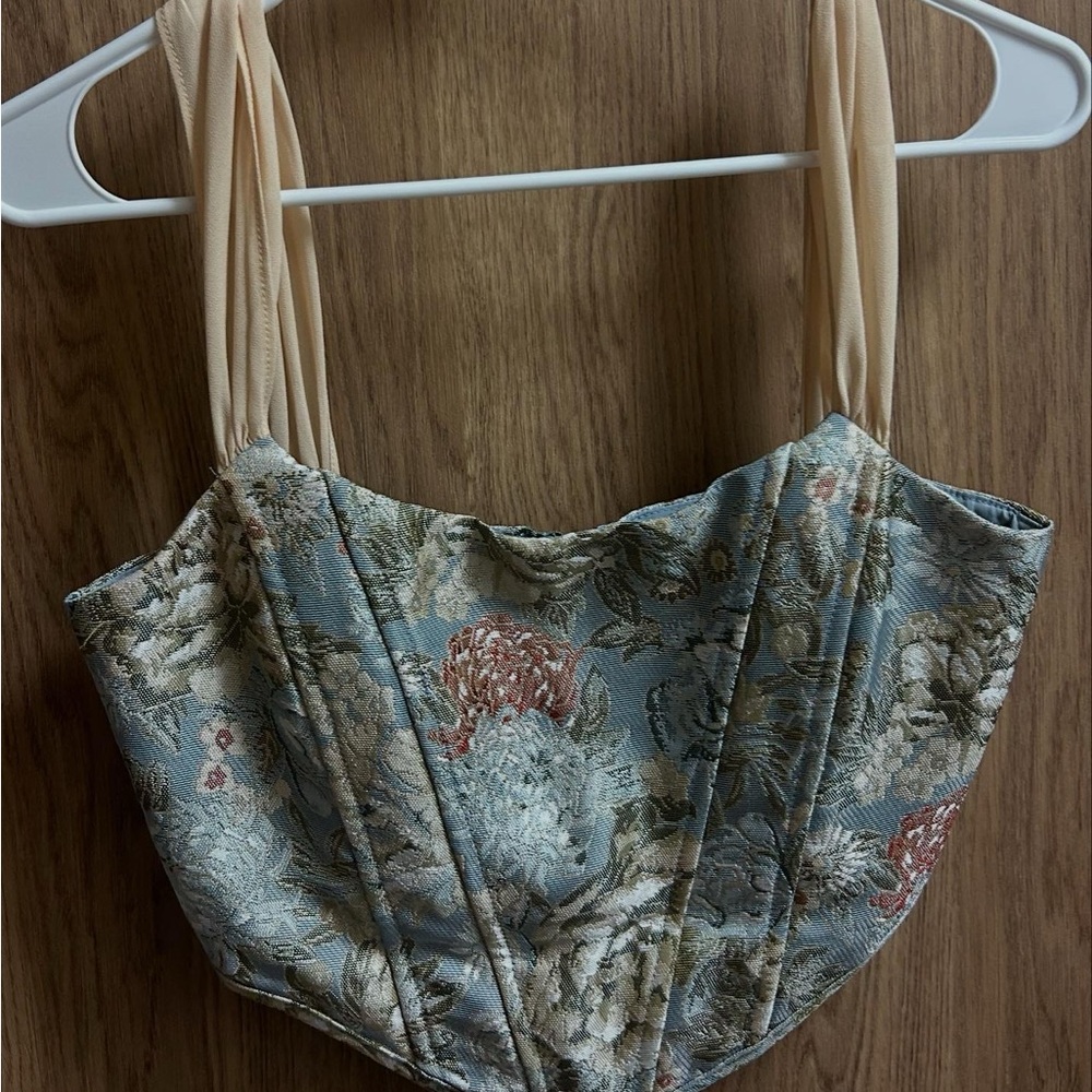 Altar'd State Floral Crop Top - Blue and Beige